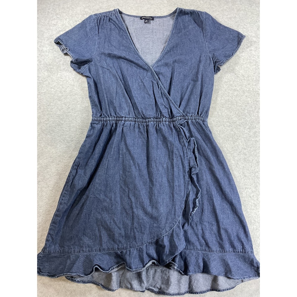J.Crew Mercantile Womens Denim Wrap Dress Medium Wash Ruffle Hem Blue M 2116